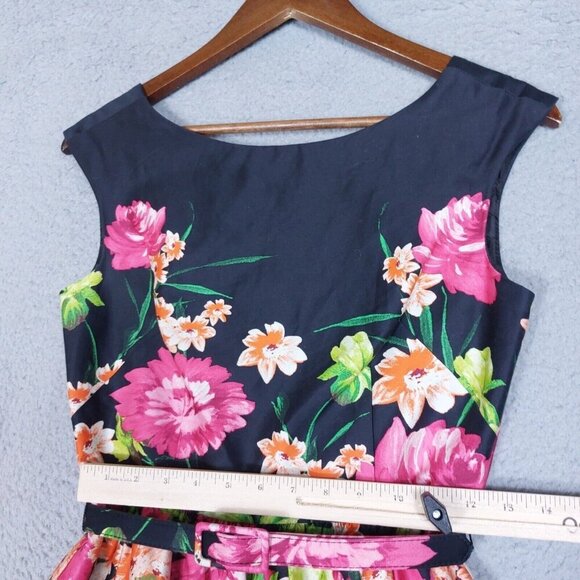 Eliza J Dress Women's 2 Black Rose Print Belted Boat Neck Sleeveless Party - Picture 8 of 16